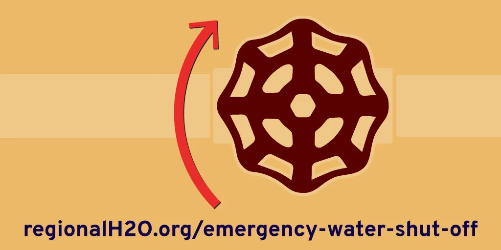 Illustration of a gate valve with an arrow depicting clockwise movement to show which direction to turn the handle in order to turn off your water. URL regionalH2O.org/emergency-water-shut-off along the bottom of the image.