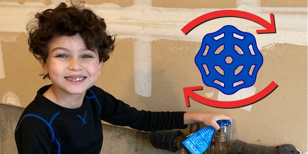 Photograph of a smiling kid with his hand on an emergency water shut-off valve. Illustration to the right shows the valve he is holding with arrows depicting a clockwise motion used to shut off the water.