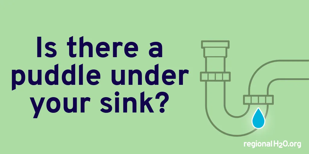  Illustration of a curved pipe with a water drop leaking from a connection next to the text, “Is there a puddle under your sink?”