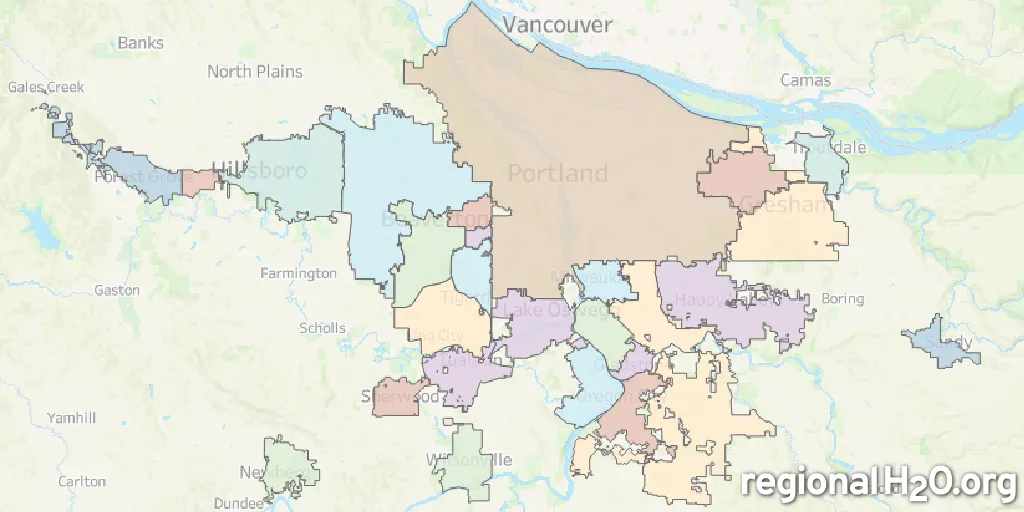 Screenshot of a map detailing the water providers and main water sources of the Portland, OR metropolitan region