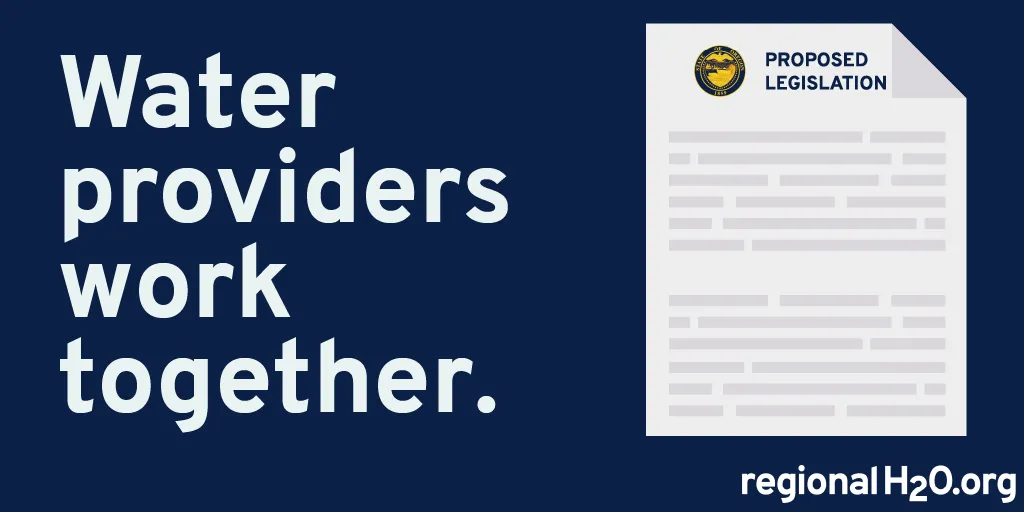 Illustration of a sheet of paper with the seal of the State of Oregon at the top next to “Proposed Legislation”. Next to the paper is the text, “Water providers work together.”