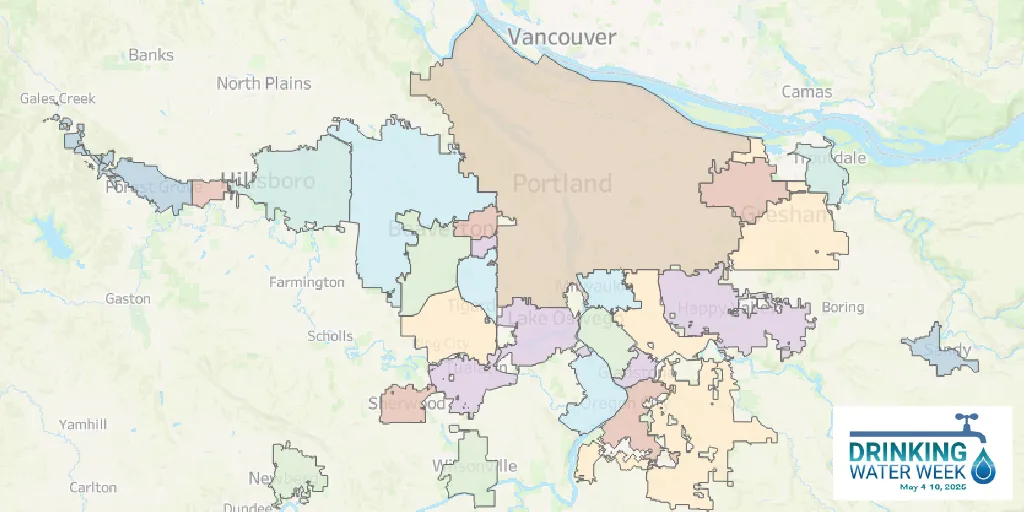 Screenshot of an interactive map showing the Portland, OR metro region’s water providers and main water sources.