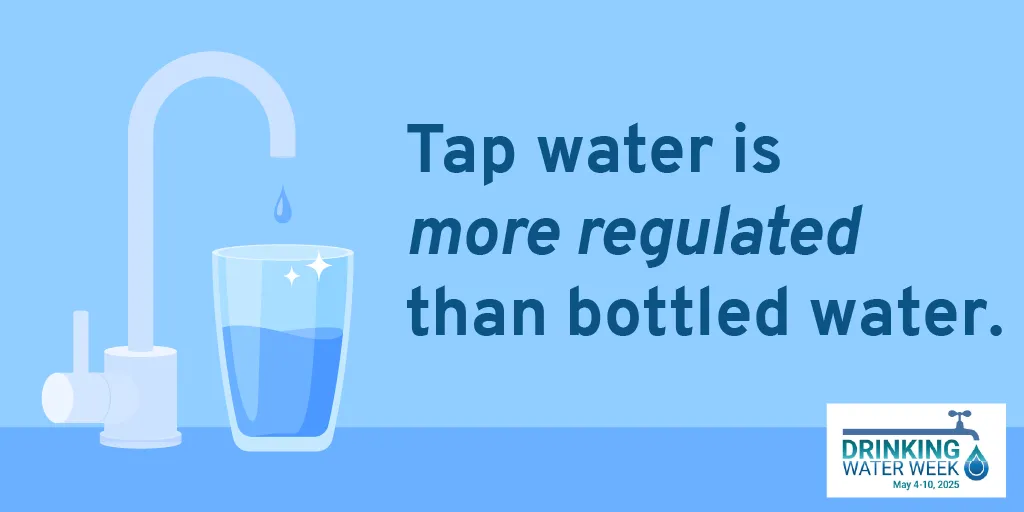 Illustration of a faucet and a cup of water next to the text, “Tap water is more regulated than bottled water.”