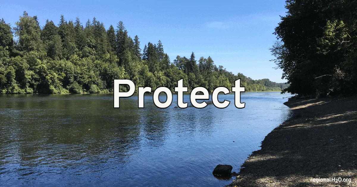 GIF of the region’s main water sources, the Clackamas, Tualatin, and Willamette Rivers, Bull Run Watershed, and a groundwater well with the text, “Protect water at the source.” in the middle of the frame.