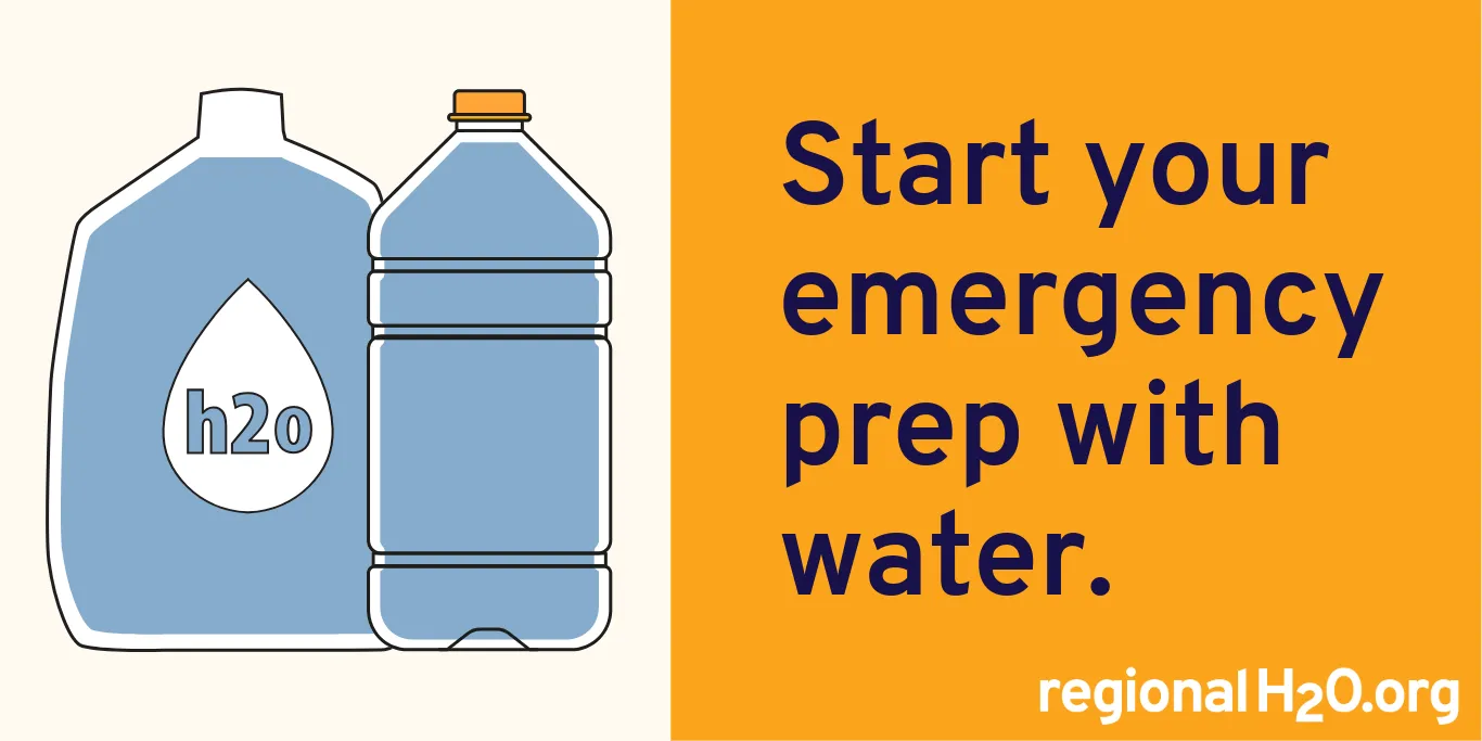 Illustration of jugs of water next to text, “Start your emergency prep with water. regionalH2O.org”