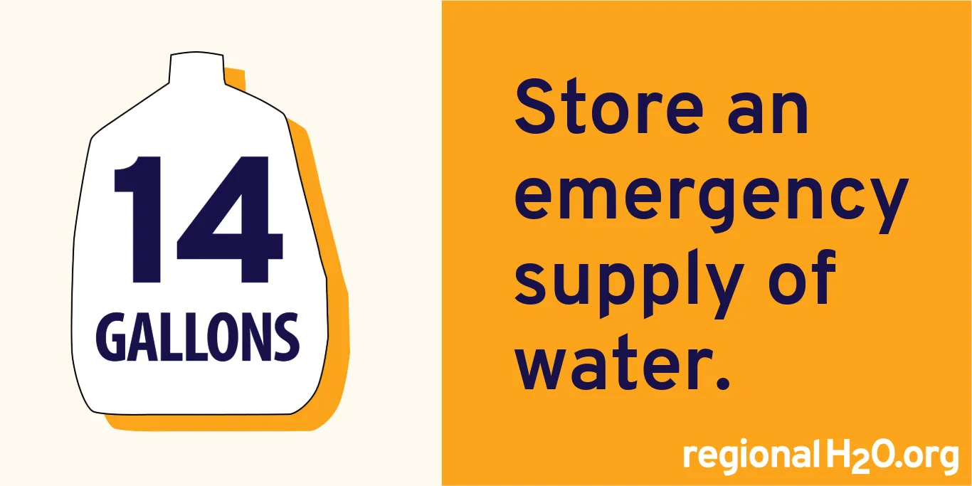 Illustration of a jug of water with “14 gallons” written in it next to text, “Store an emergency supply of water. regionalH2O.org”