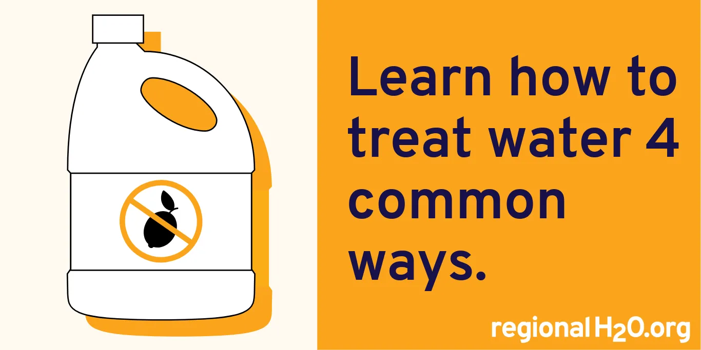 Illustration of a jug of unscented bleach next to text, “Learn how to treat water 4 common ways. regionalH2O.org”