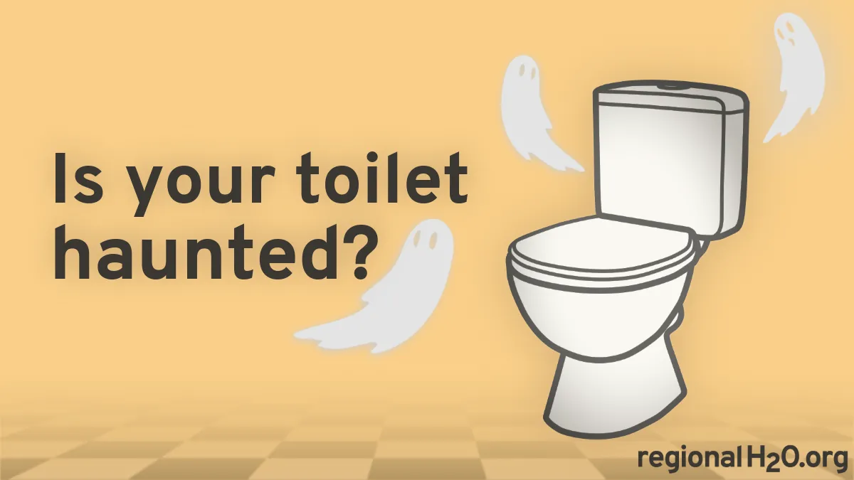 Illustration of a toilet with small ghosts around the tank next to text, “Is your toilet haunted?”