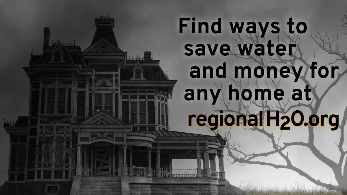 Illustration of a haunted house against a dark, cloudy sky next to the text, “Find ways to save water and money for any home at regionalH2O.org”