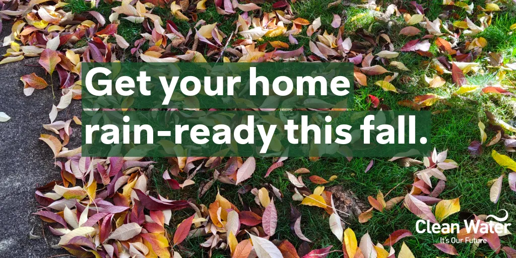 Photograph of a lawn covered in fall leaves with text across the image, “Get your home rain-ready this fall”.