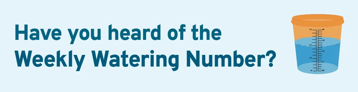 Illustration of a watering gauge next to text, "Have you heard of the Weekly Watering Number?"