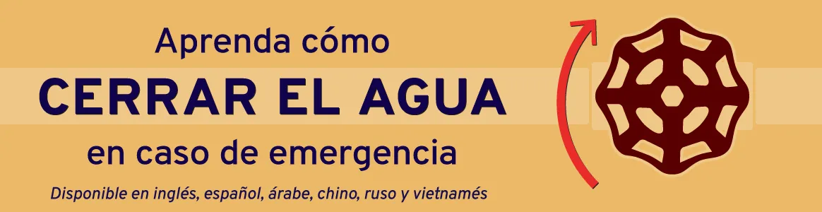 Aprenda cómo cerrar el agua en caso de emergencia. Disponible en inglés, español, árabe, chino, ruso y vietnamés